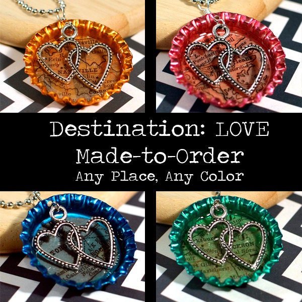 Destination: LOVE Personalized Vintage Map in Resin Bottle Cap Pendant, Hearts Charm - Long Distance Relationship - CUSTOM Made to Order