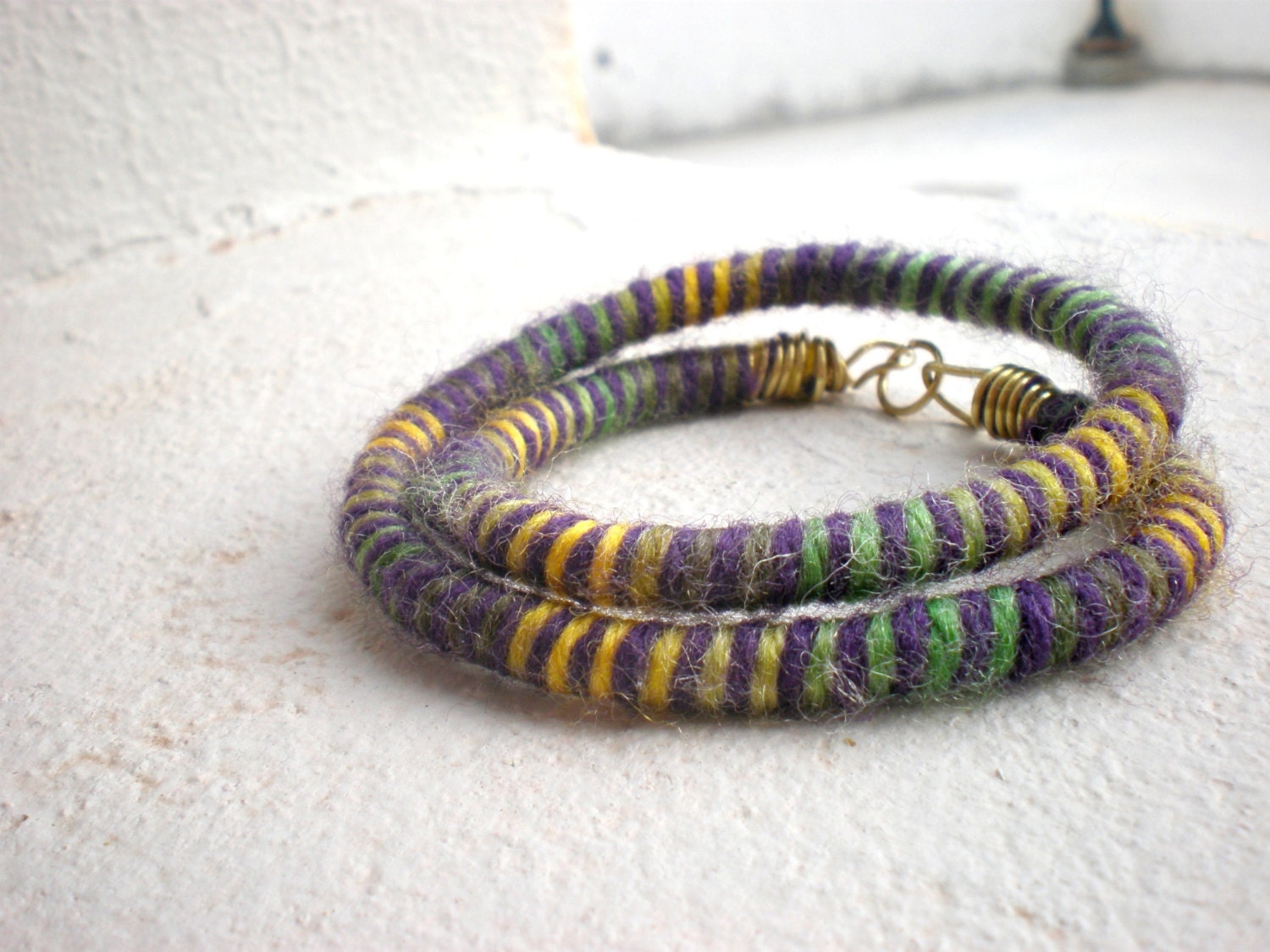 colorful wool bracelet - everyday jewelry, african, purple, green, yellow - colortreasures