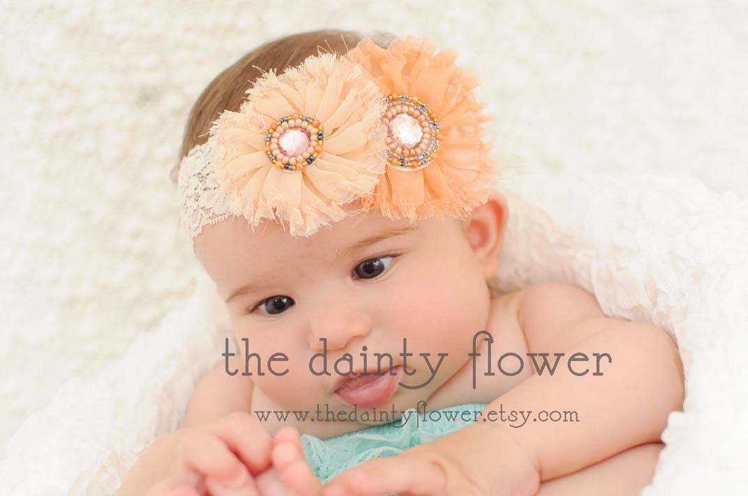 stella headband. two vintage shabby chic peach.orange flower.