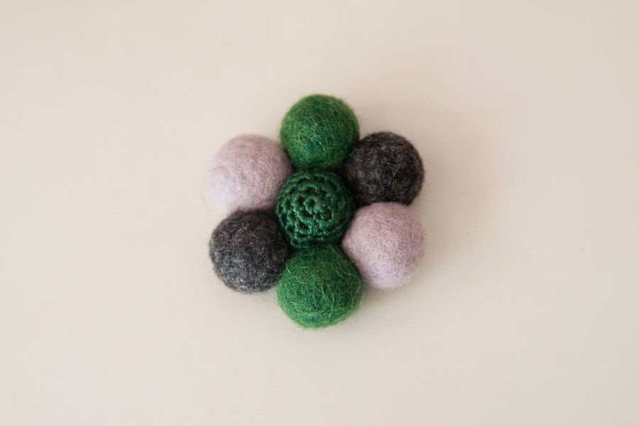 Felt brooch flower - Forest green and shades of gray