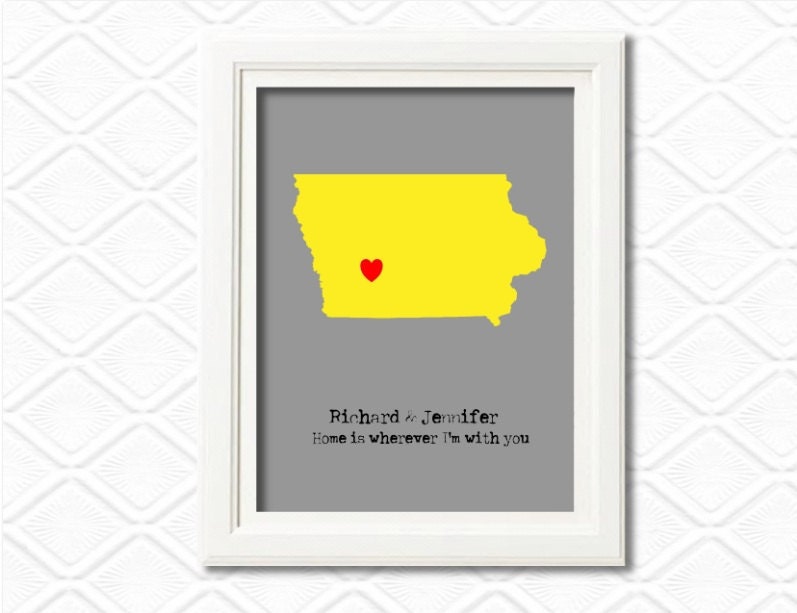 Iowa Print - Iowa Art - Yellow and gray - Choose your state wedding gift - birthday gift