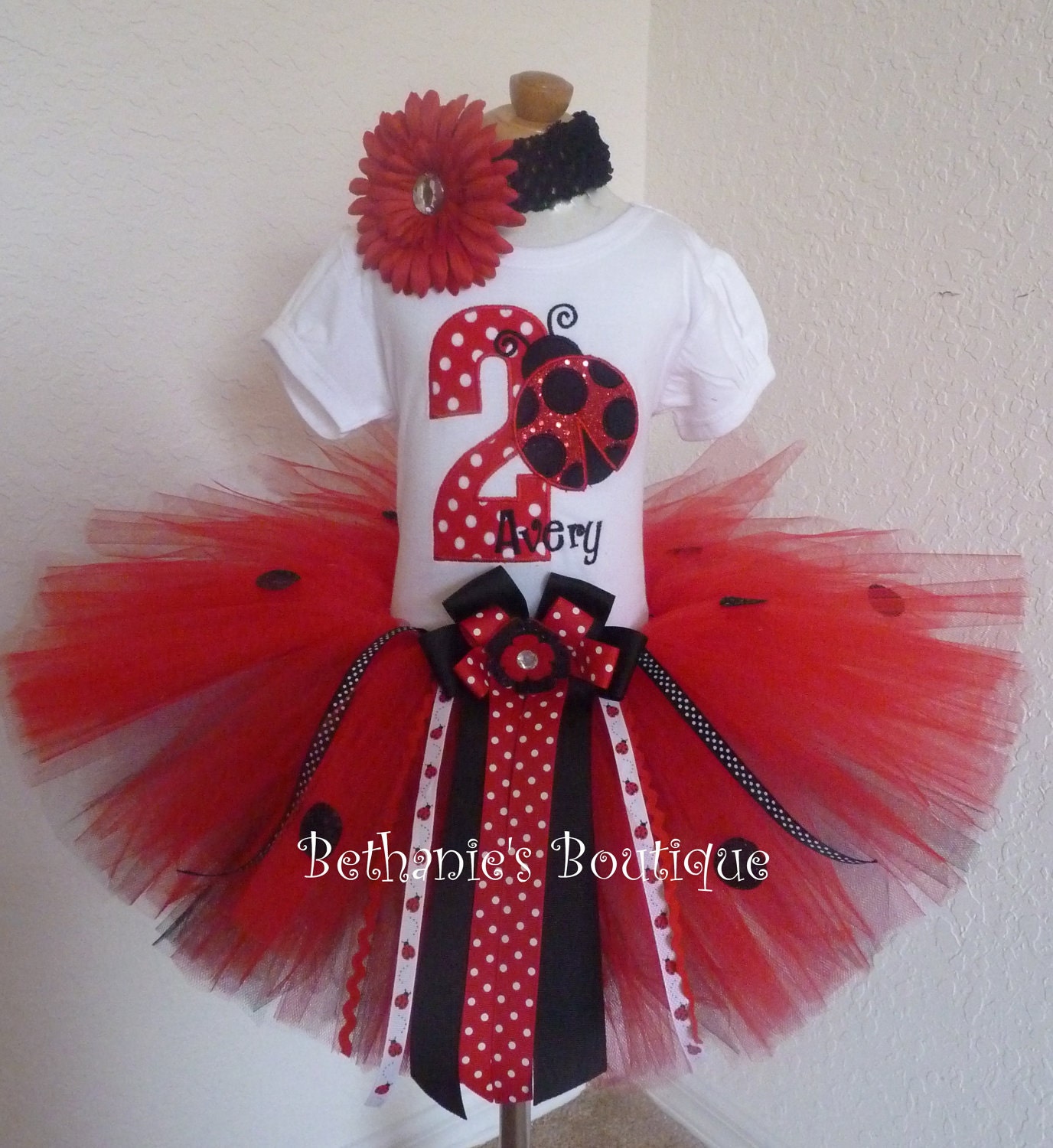 Birthday Ladybug Tutu Set. Red Sparkle- Polka Dots-Number