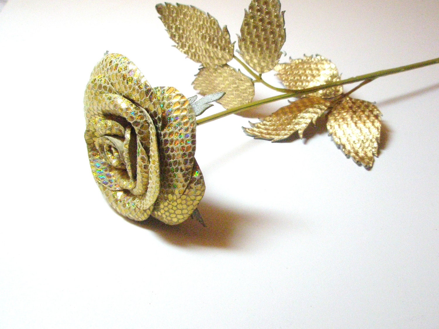 Gold flower- Leather rose- Wedding- 3rd Anniversary- Gift- Long Stem Flower- Valentines Day