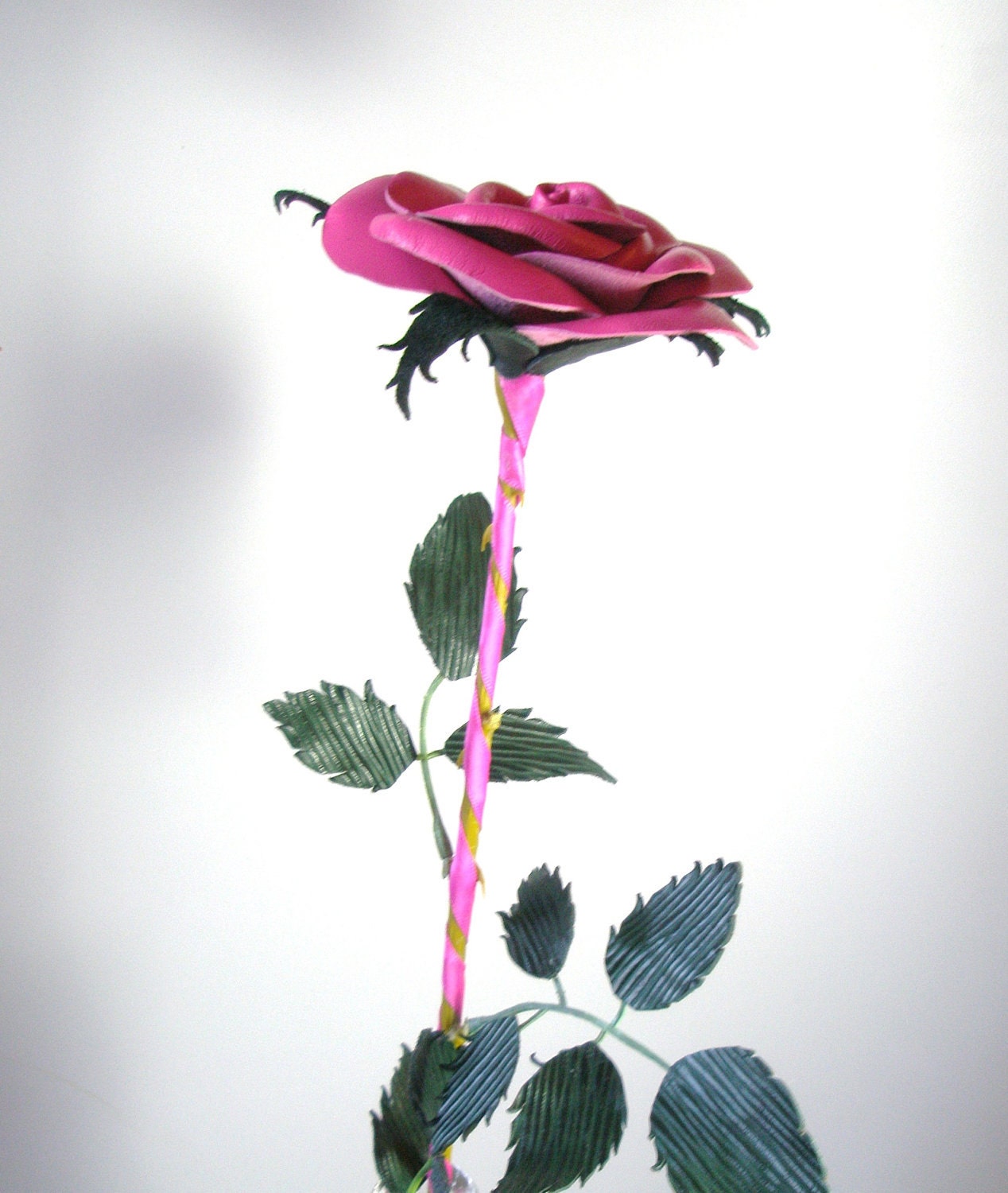 Pink  Flower Leather Rose, Wedding 3rd Anniversary Gift Long Stem Flower Valentines Day