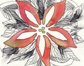 Original Watercolor and Ink Flower Painting/ Illustration, Coral, Green, Black
