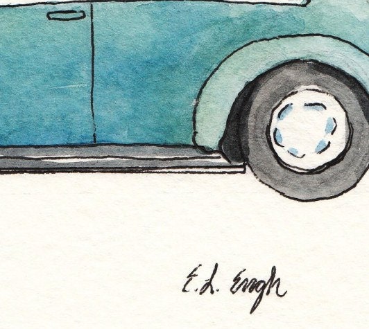 Original Watercolor and Ink Car Illustration: 5 x 7