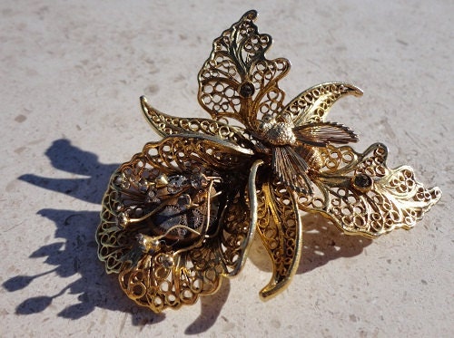 Gold SteanPunk Gothic  Filigree Orchid Brooch Pin