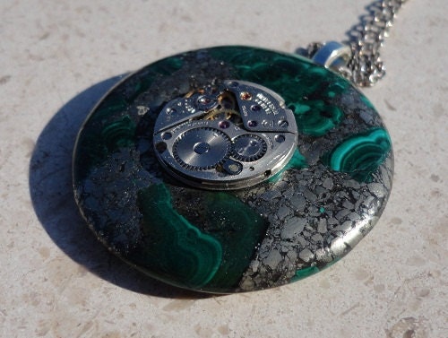 Malachite Jasper Ferrum  Steampunk Necklace Pendant Free Shipping