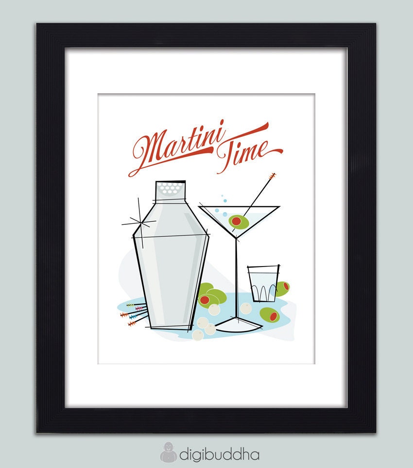 Retro Martini Time Wall Art Poster Vintage Martini Word Art Kitchen Wall Art 8x10 Mid Century Modern Poster Wall Decor Premium Print