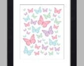 Butterflies Art Print Colorful Girly Butterflies Poster Kids Room Nursery Wall Art 8x10 Pink Purple Aqua Green Wall Decor Premium Print