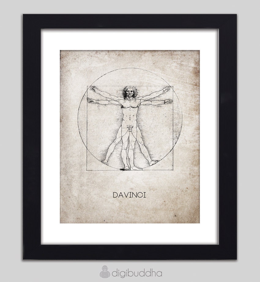 DaVinci Vitruvian Man Drawing Study Hand Drawn DaVinci Wall Art Print Poster Home Decor 8x10 Vintage Rustic Art Poster Decor
