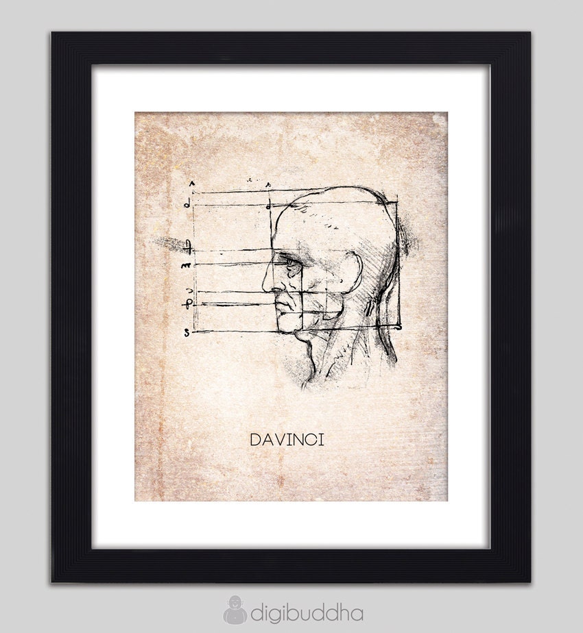 DaVinci Art Prints Set of 4 Old Man Self Portrait Skull Vitruvian Man Hand Drawn DaVinci Wall Art Prints Home Decor 8x10 Vintage Rustic Art