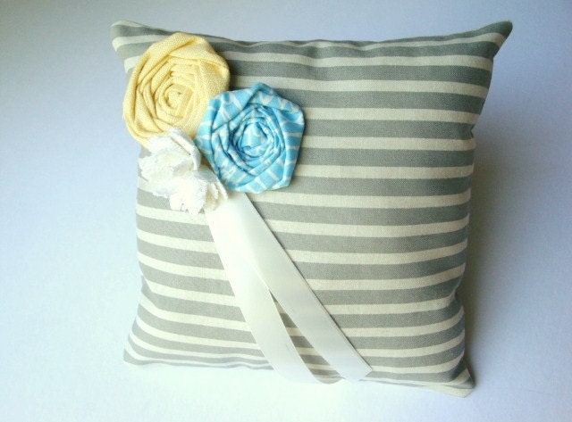 Fabric Flower, Striped Blue and Yellow Ring Bearer Pillow