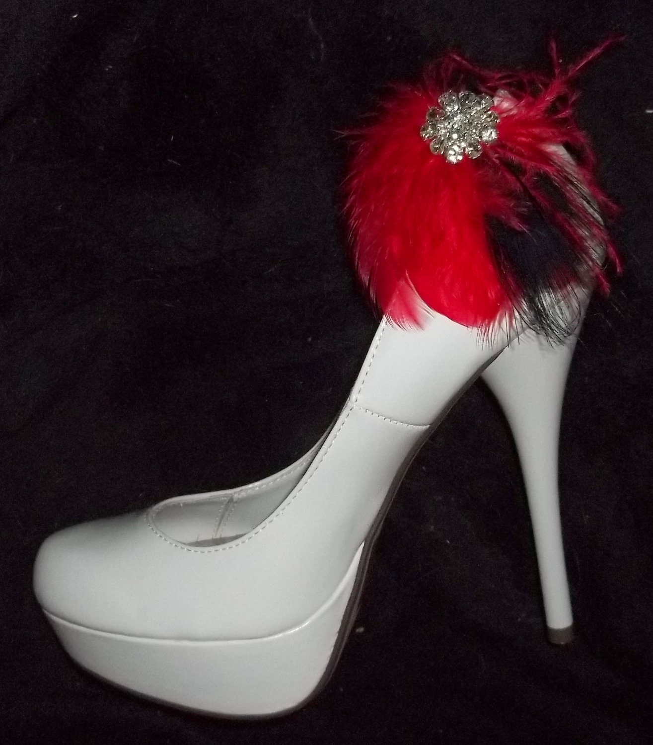 Bridal Shoe Clips - Red Feathers with Black Peacock Accent, Rhinestones, Feather Shoe Clips, Bridal Wedding, Special Occasion set of 2