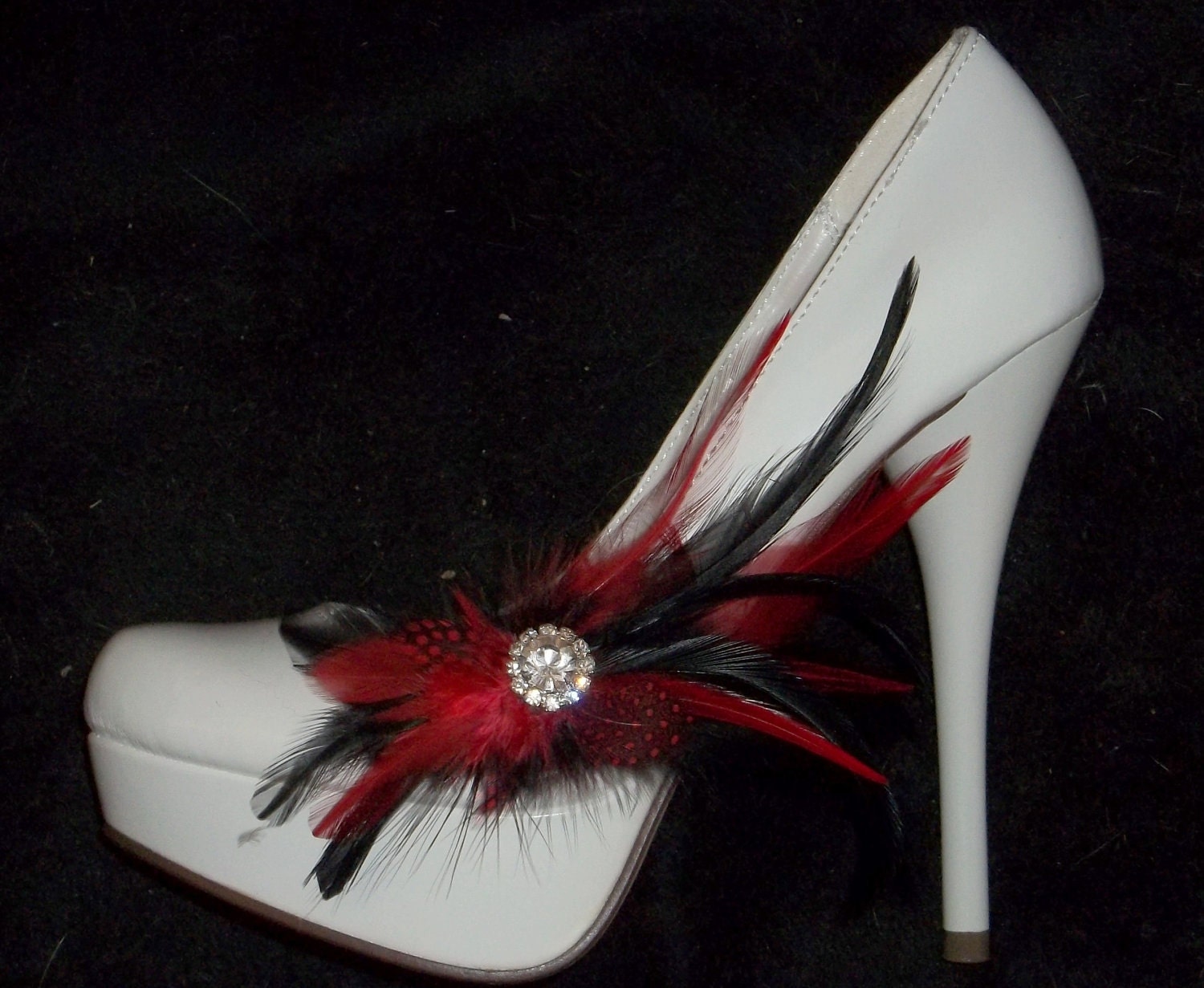 Bridal Shoe Clips - Red and Black Feathered Shoe Clips, Rhinestones, Feather Shoe Clips, Bridal Wedding, Special Occasion set of 2