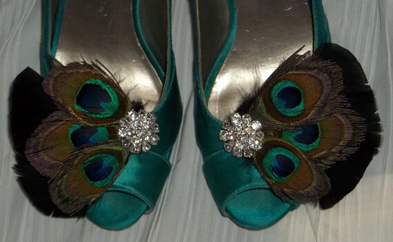 Bridal Shoe Clips - Peacock Feathers, Black Background Feathers, Rhinestones, Feather Shoe Clips, Bridal Wedding, Special Occasion set of 2