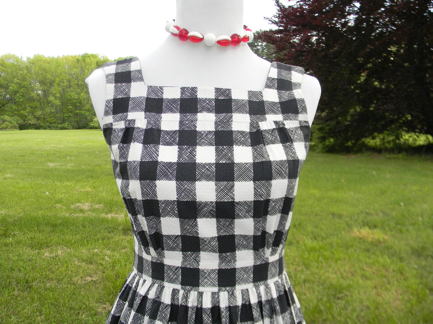 1950s Black and White Check Picnic Hostess Maxi Dress Fruit and Flowers Pattern on the Bottom