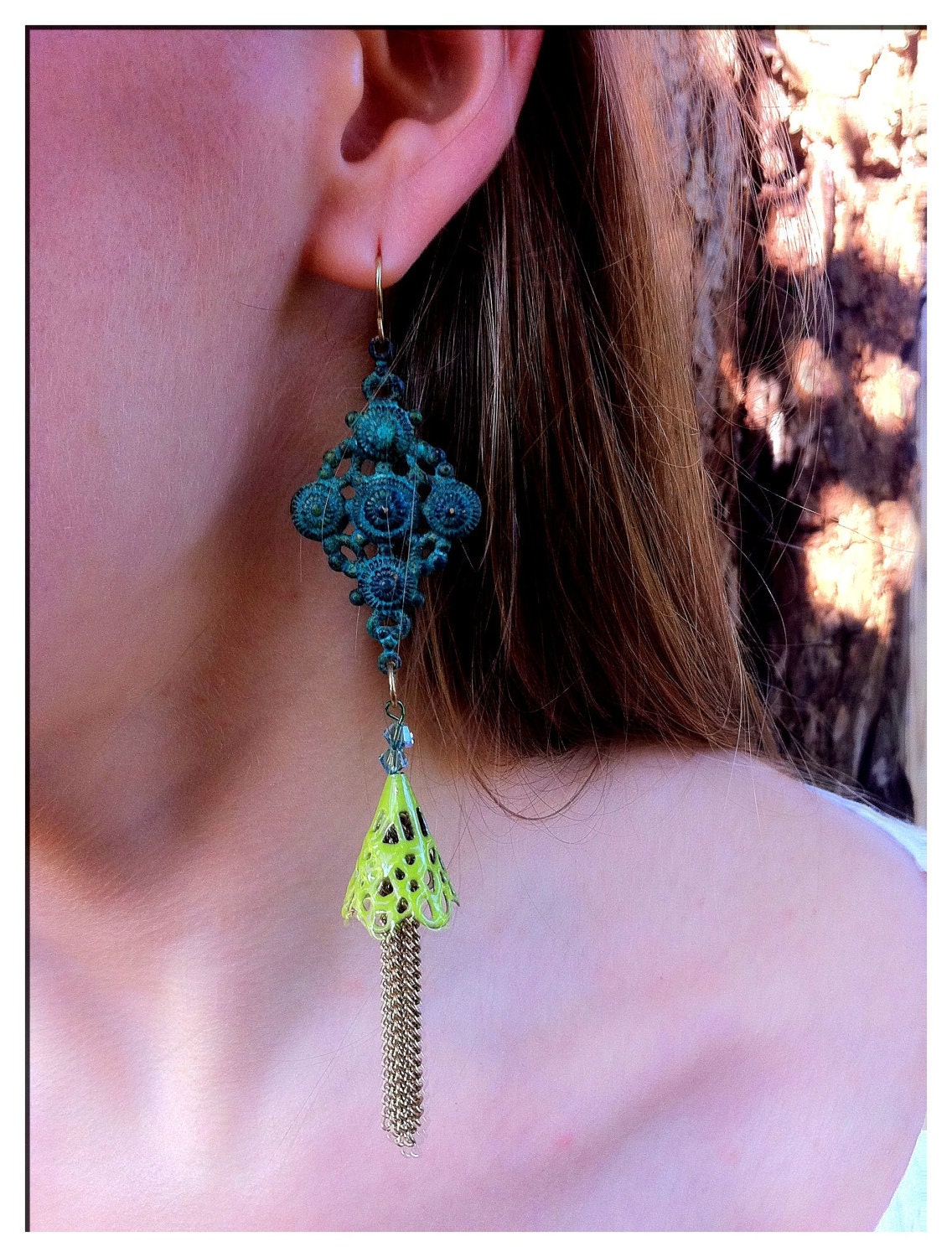 Verdigras Patina Filigree Gold Chain Tassel Earrings-MADE TO ORDER