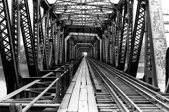 Industrial Art Photography - iron railroad bridge perspective wall art "The Other Side" / custom sizes and canvas wraps available