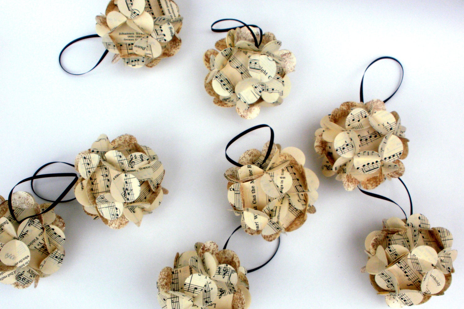 Handmade Upcycled Music Score Paper Ball Ornaments Vintage Set of Eight, Photography Props, Christmas Tree, Wedding Decorations