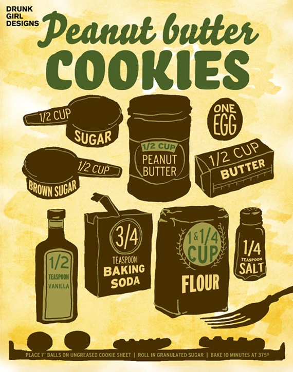 Illustrated Recipe - Peanut Butter Cookies - 11"x14" Print