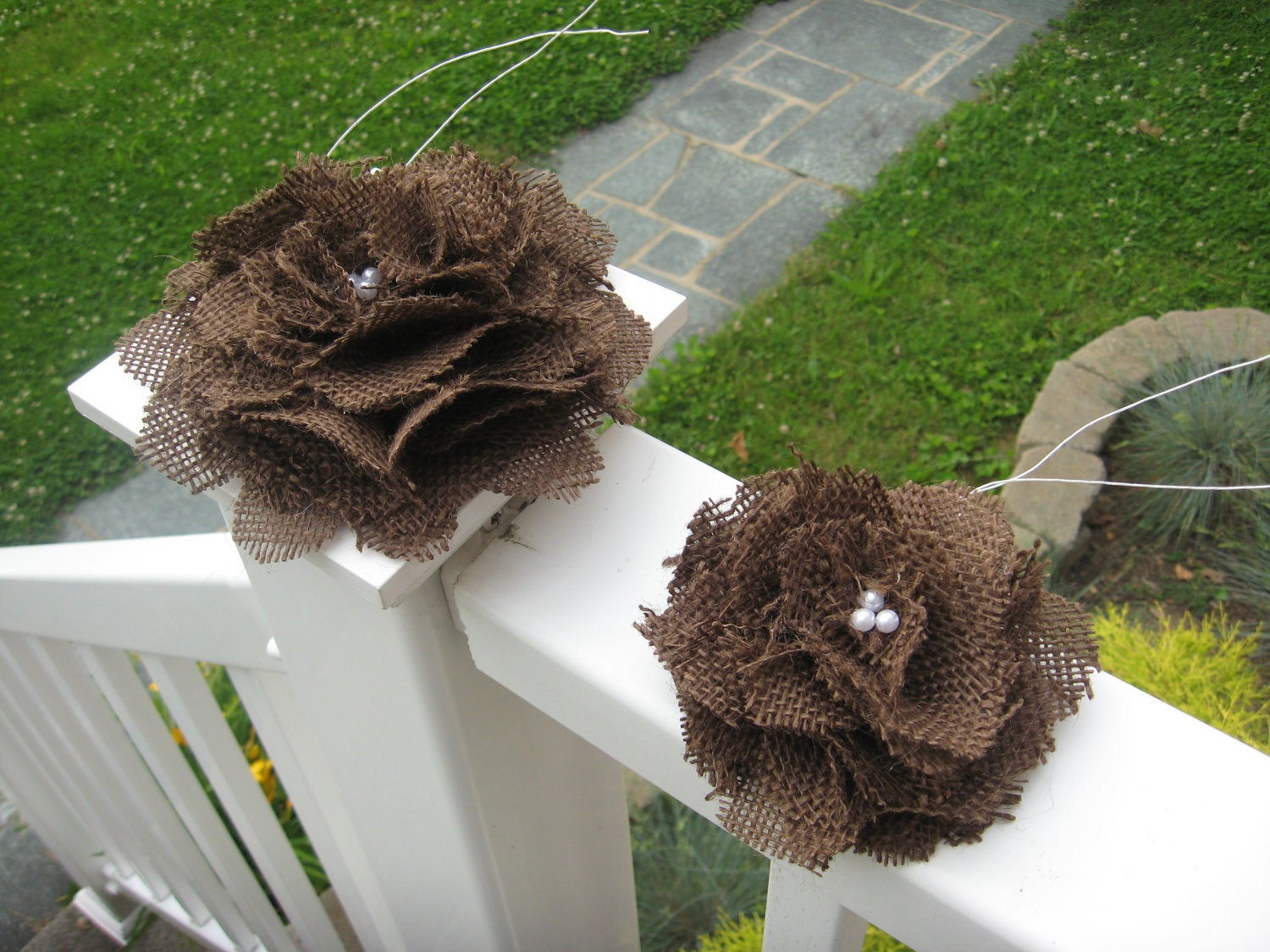 ooak chocolate brown burlap flower wedding cake decor toppers. pew bow decor. other colors available