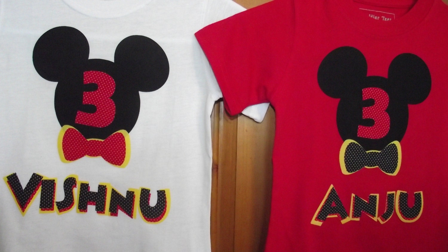 Mickey Mouse - Disney Birthday Custom T-Shirt Personalized Applique Head Bow Tie Tee Shirt Top