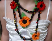 Crochet Necklace...Knitted Jewelry...Handmade Accessory...Poppy and Wooden Beads...Photo prop...