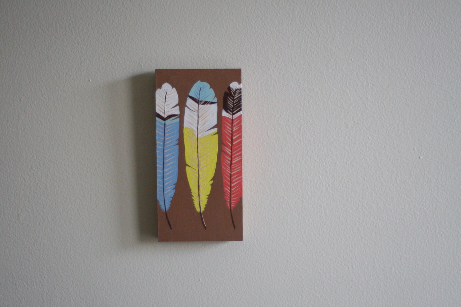 3 Feathers Painted on Wood - Colorful Feathers on Pale Brown