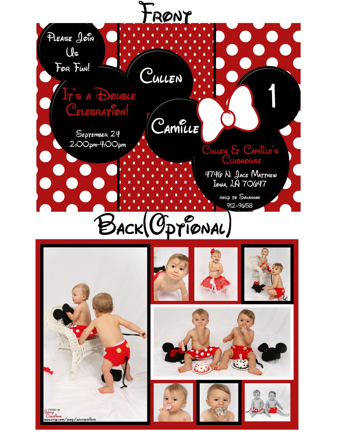 Minnie Mouse or Mickey Mouse Custom Digital Birthday Party Invitation