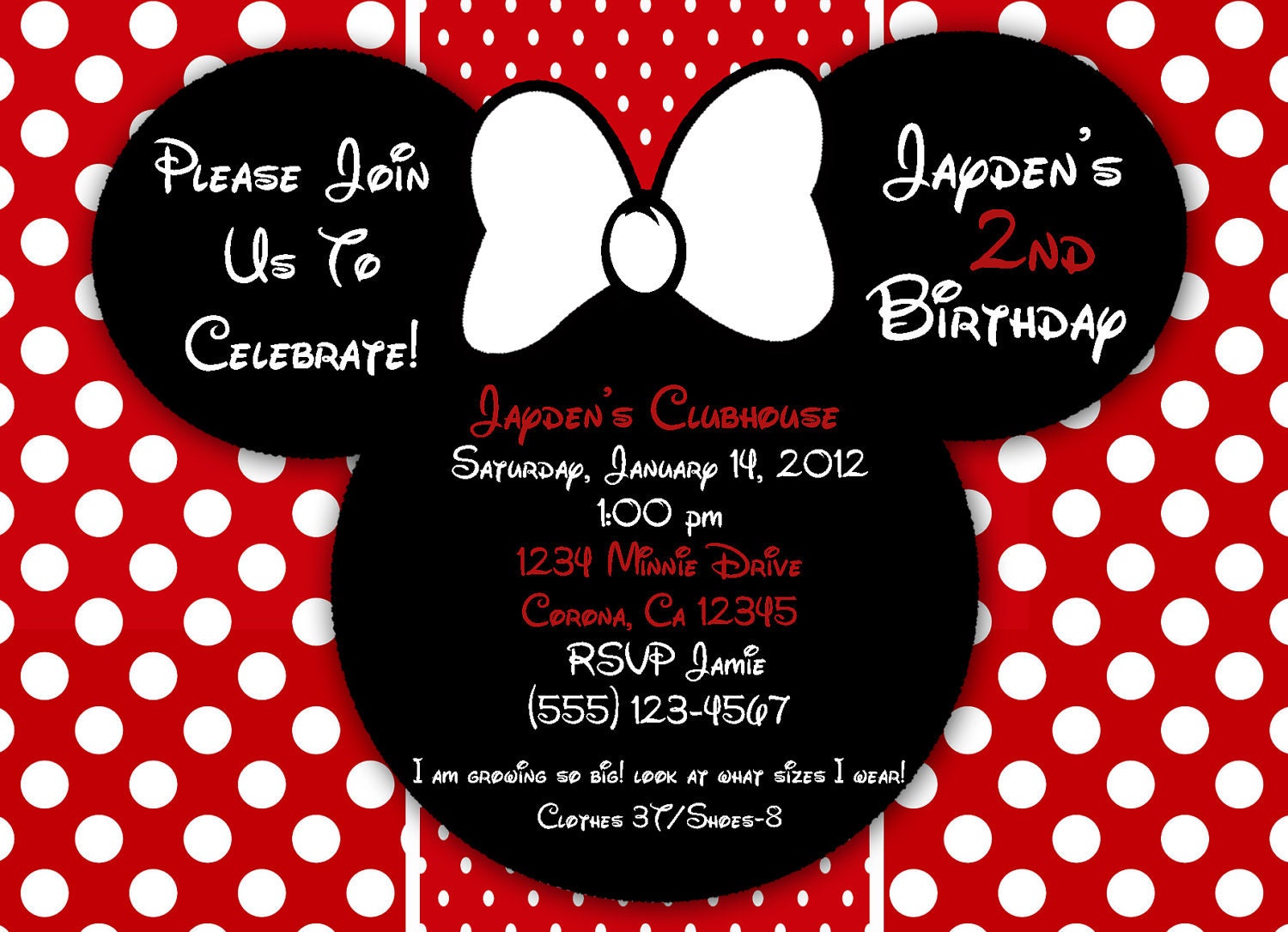 Minnie Mouse or Mickey Mouse Custom Digital Birthday Party Invitation