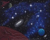 Original Space Painting "BLUE NEBULA"  Cosmic 8x10 Spacescape Maroon Cratered World Galaxies Comet Planets Lot's of Stars Art by K Graham