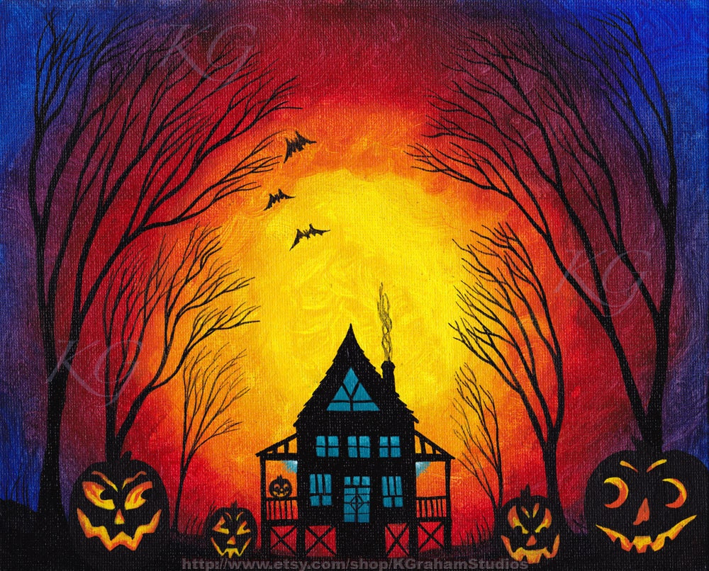 Halloween Original Painting "Haunted House in the Woods" 8X10 Art by K Graham Spooky Trees Lighted Jackolanterns Bats Red Blue Yellow
