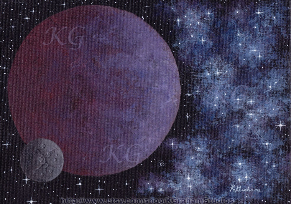 PURPLE MOON Space Art Original 5x7 Painting - Blue Nebula Spacescape by K Graham - Blue Nebula Purple World Space Stars Cratered Moon
