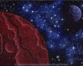 Space Art Original Painting "RED CRATERED MOON" 5x7 Spacescape by K Graham - Blue Nebula - Red Cratered World - Space Stars Galaxy