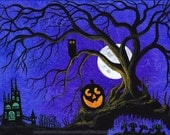 Halloween Painting "Owl & Happy Jackolantern" Original Art by K Graham - Spooky Tree Gothic Castle Deep Blue Sky Full Moon Mushroom Cave 5x7