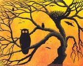 OWLS & BATS Halloween Original Painting 8X10 Spooky Tree Crazy Eyed Owl Eerie Orange Sky Birds Nest Demon Eyed Bat Animal Art by K Graham