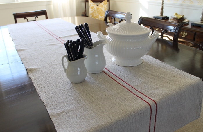 Grain Sack Table Runner Custom Made Your Choice of Red or Blue Stripes