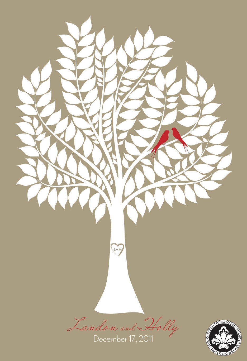 SIGNATURE WEDDING tree. New Design. Guest book alternative. Love birds in the tree. (T4) 18x24 - 200 signatures. StudioLO2011