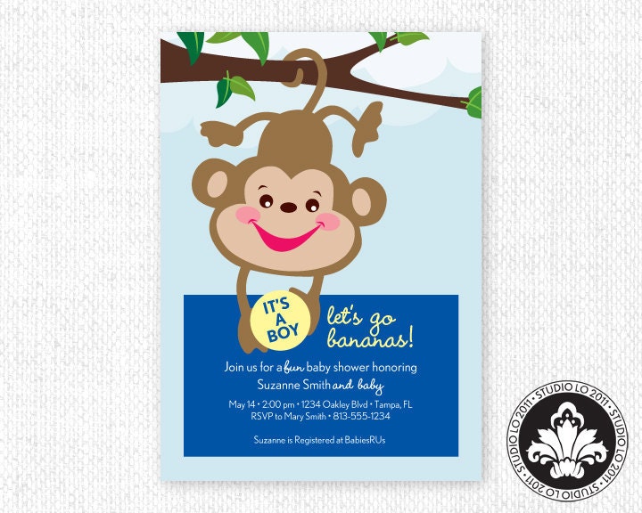 Monkey Baby Shower Invitation. Monkey Birthday Invite. PRINTABLE. StudioLO2011