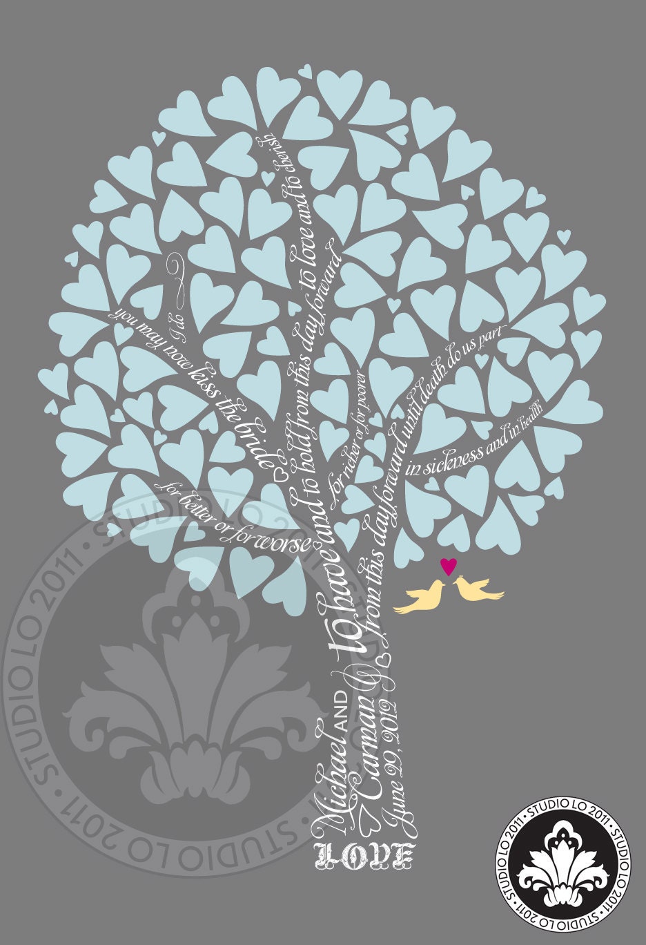 Heart Leaves SIGNATURE WEDDING tree. Guest book alternative. Love birds in the tree. (T5) 18x24 - 147 signatures. StudioLO2011