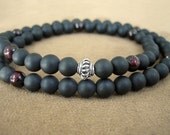Mens Beaded Bracelet - Layered Matte Black Stone Mala Bead Bracelet, Silver and Garnets, Spiritual Latin Gothic Bracelet Wrap