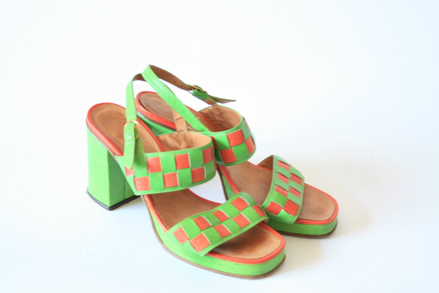 Marshall Fields - Neon Orange and Green Size 75 Ladies Leather Heels 60s
