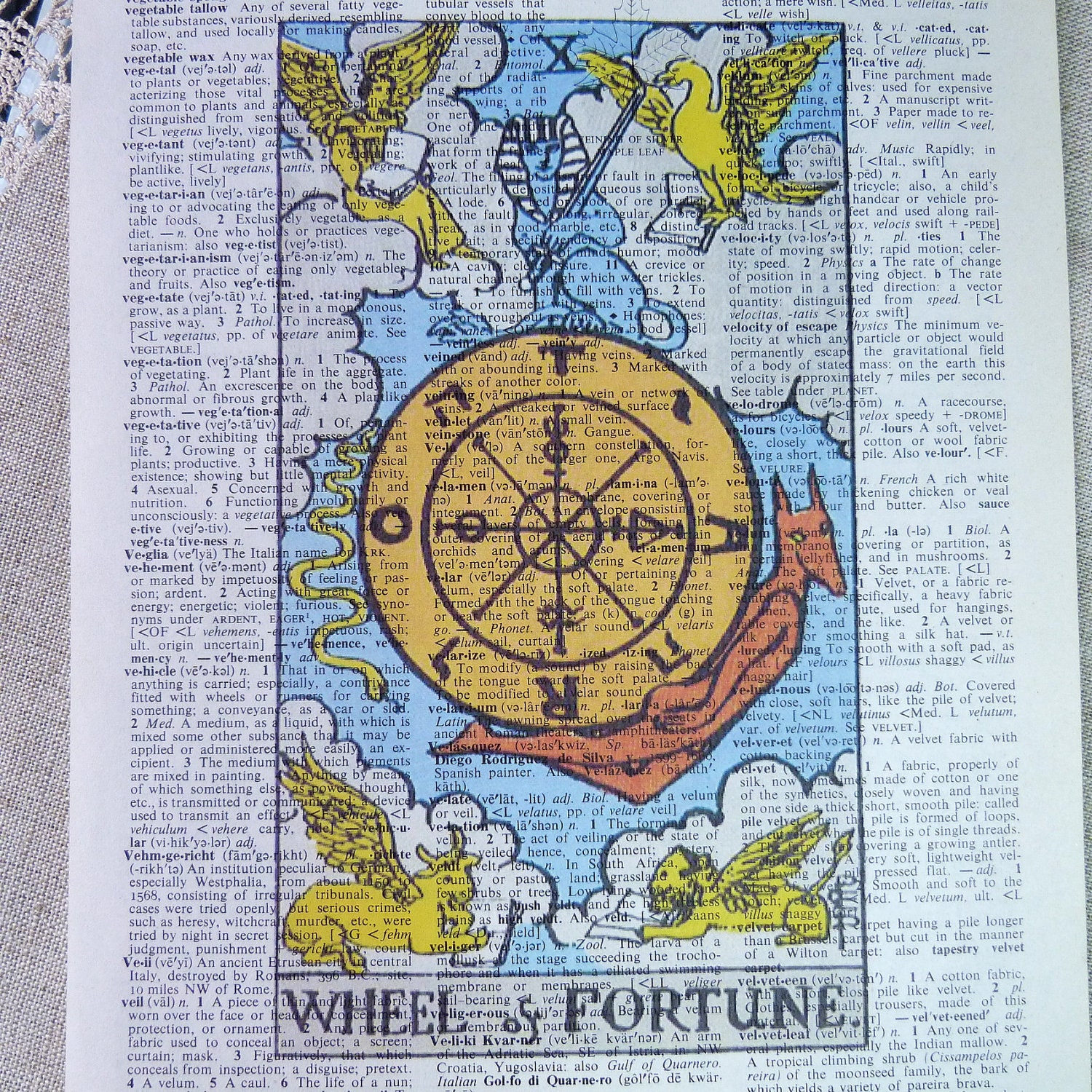 Dictionary Art Print - Upcycled Vintage Paper - Wheel of Fortune - Tarot Card Print - 7-3/4 x 10-3/4
