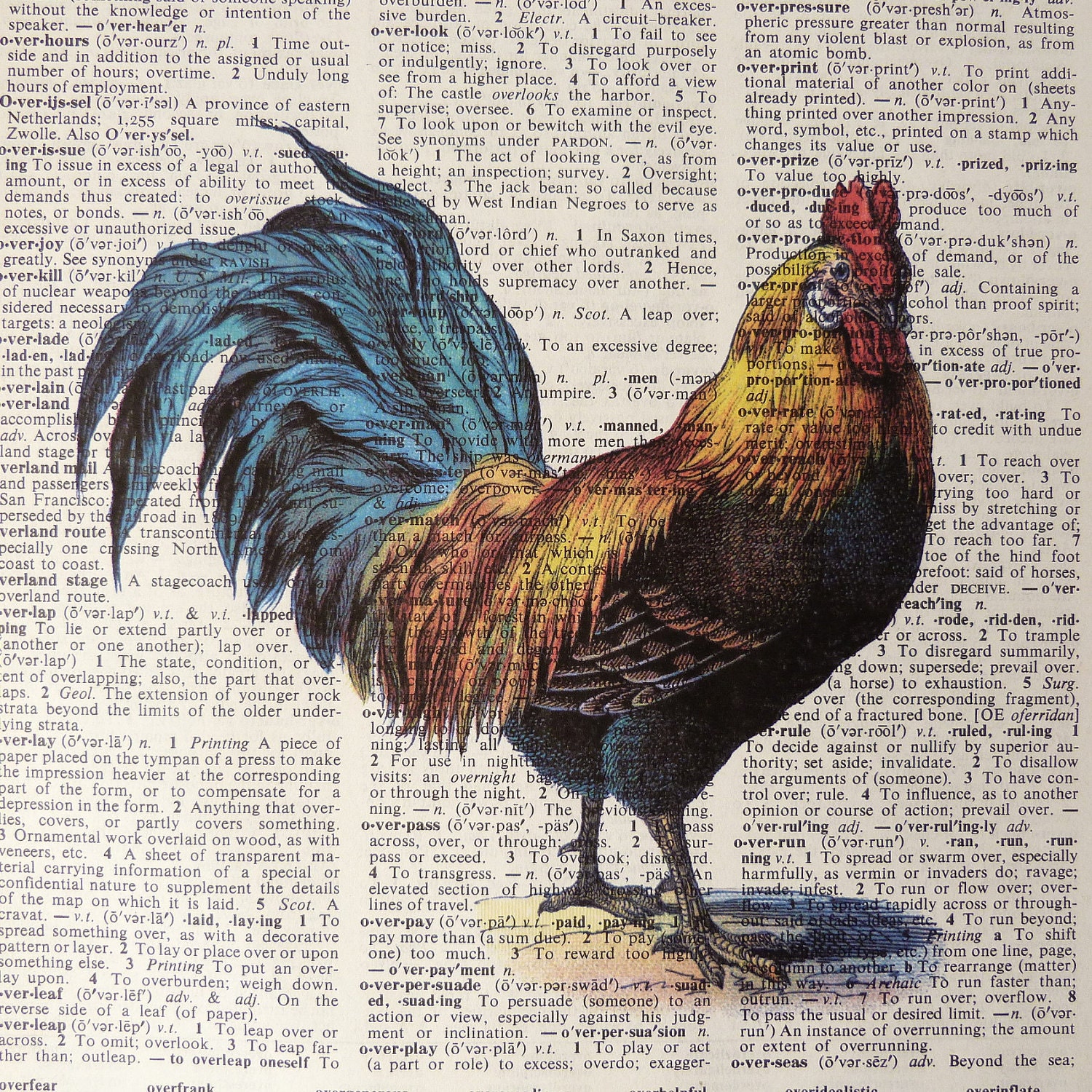 Dictionary Art Print - Upcycled Vintage Paper - Colored Rooster Print - 7-3/4 x 10-3/4
