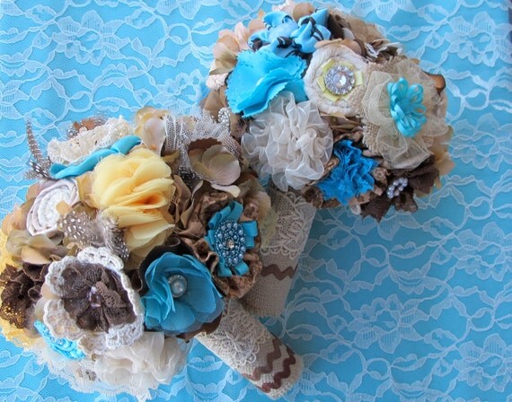 Rustic Burlap Wedding Bouquet: Vintage Fabric Lace Feather Country Bridal