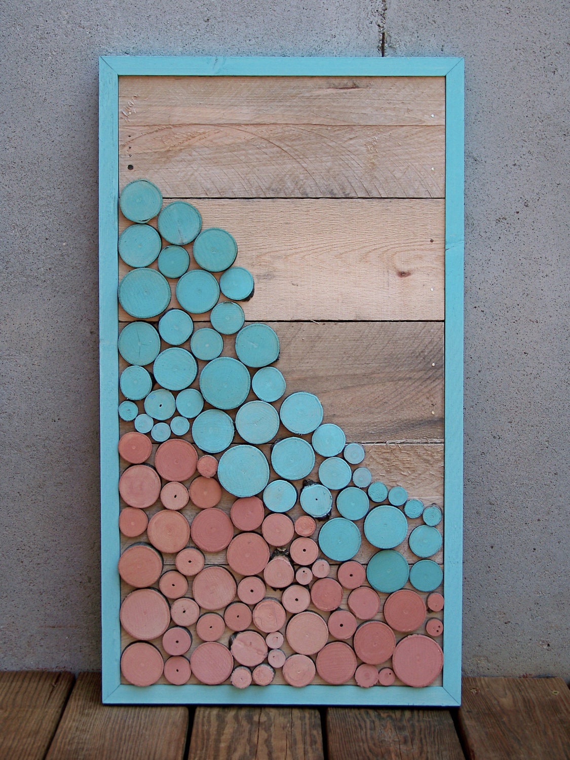 SALE - Reclaimed Wood Slice Abstract Landscape Painting in Turquoise & Coral