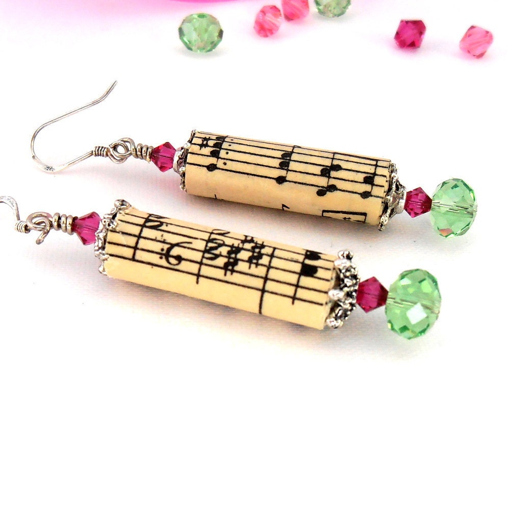 Recycled  Paper Music  Earrings,  Sheet Music Note Jewelry, Pink Green Swarovski Crystal Dangle Earrings