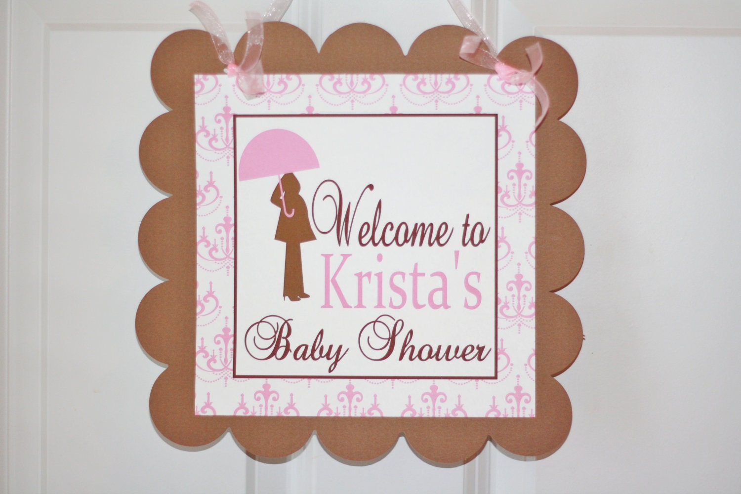 Baby Girl Pink Theme Shower Door Sign/Door Hanger - Many Options Yellow/Green, Purple/Green or Blue Available Too - Free Ship Over 60.00