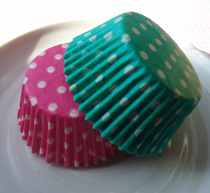 Cupcake Liners - Baking Cups - Pink and Teal Green Polka Dot (50)
